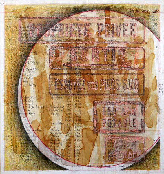 Graphisme & empreintes sur feuillet livre de compte (43.5 x 41 cm)