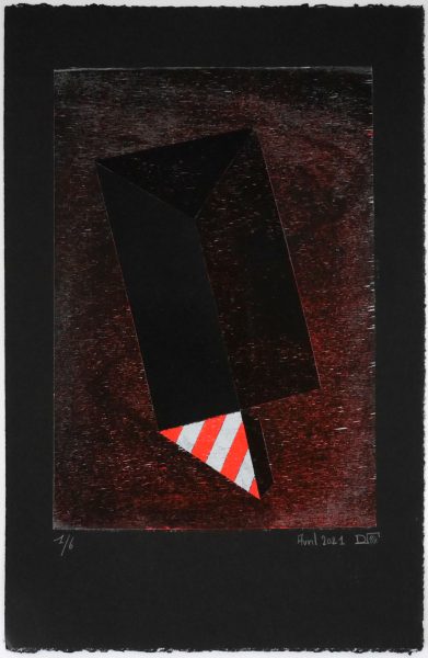 PLIAGE I - Gravure sur contreplaqué en épargne perdue -  Papier  BFK Rive teinté en noir - 56.5x38 cm - Avril 2021