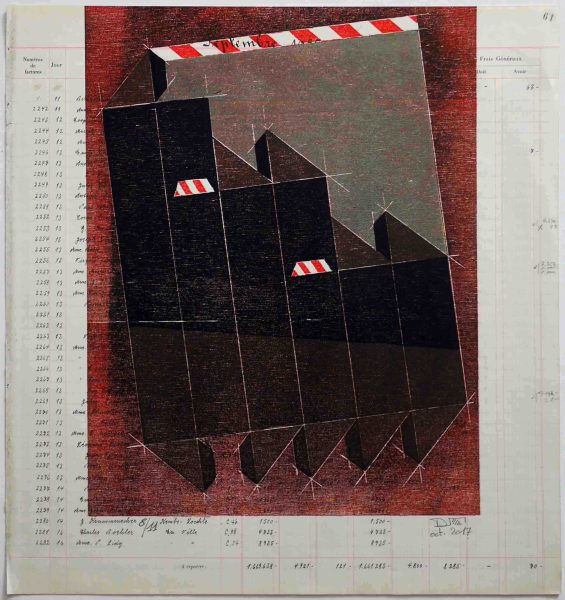 Gravure pliage sur feuillet livre de compte (43 x 40 cm)