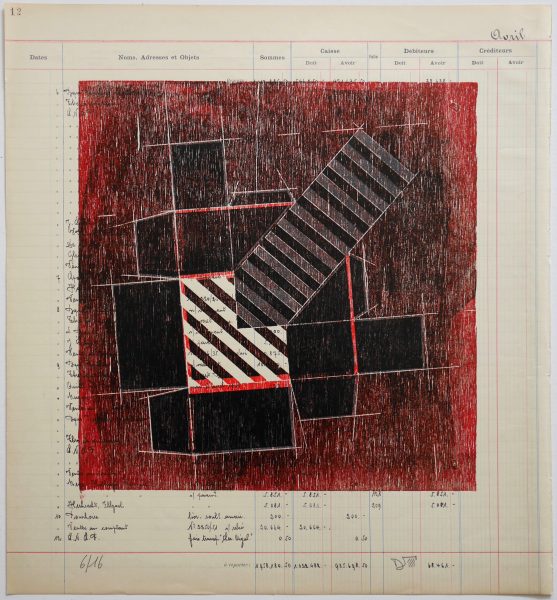 Gravure pliage sur feuillet livre de compte (43 x 40 cm)